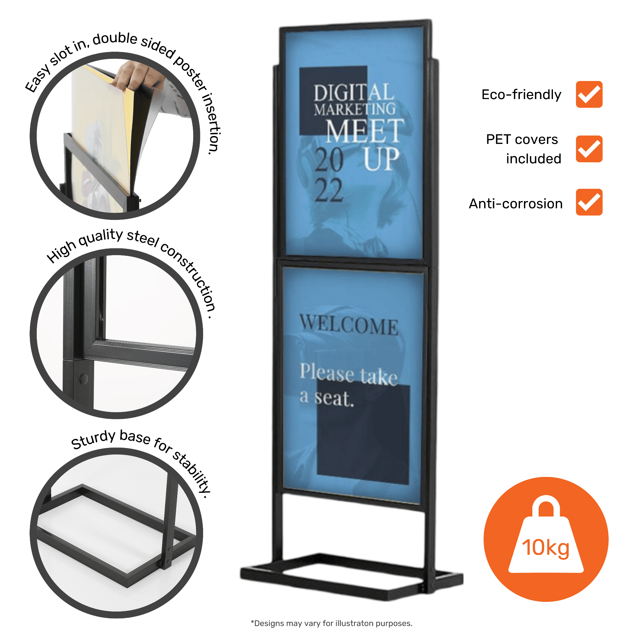 Modern A1 double-sided poster display stand with a sturdy black steel frame, two-tier design, and floor-standing structure, 656mm W x 1820mm H.
