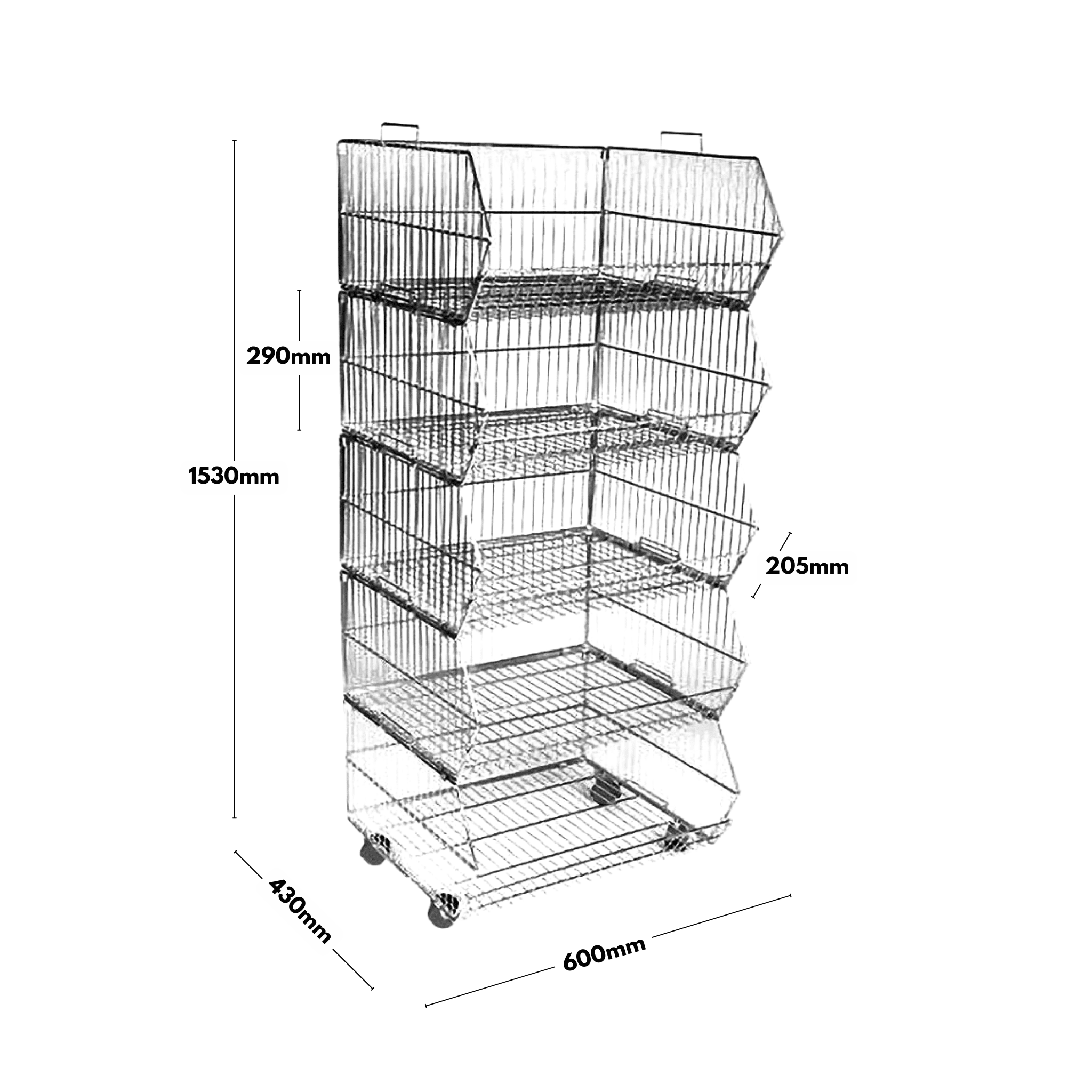 Durable black steel stacking basket unit with five tiers, a collapsible design, rust resistance, and detachable castors, size 600mm W x 1530mm H x 430mm D.
