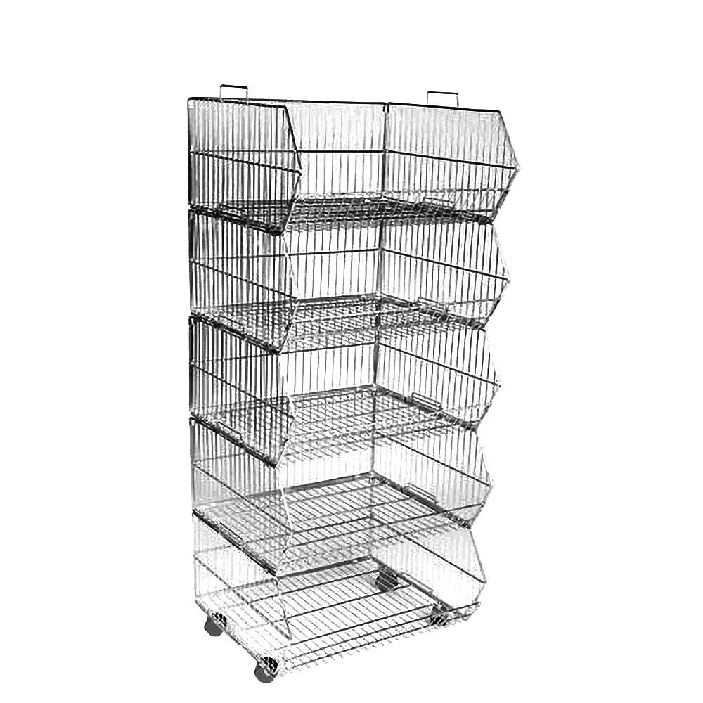 Black 5-tier collapsible stacking basket unit made from rust-resistant steel, featuring detachable castors, measuring 600mm wide x 1530mm high x 430mm deep.
