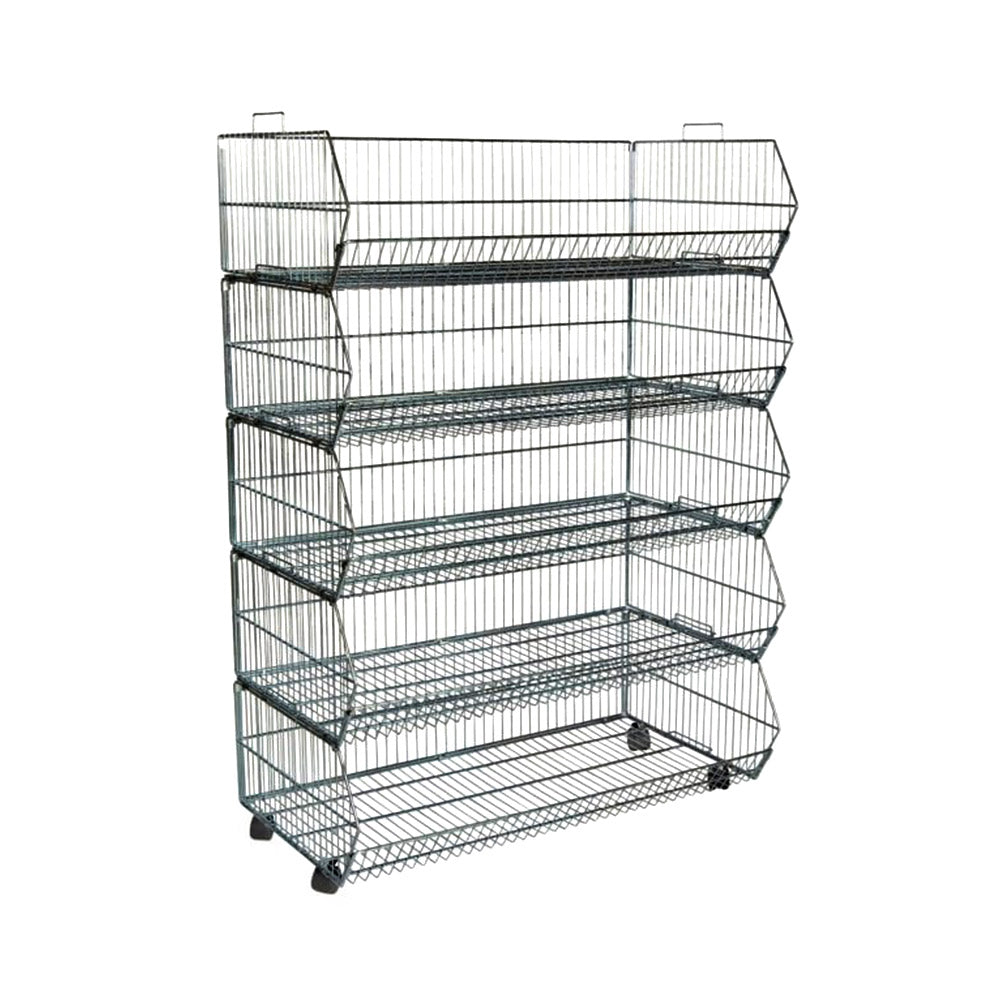 Black 5-tier collapsible stacking baskets made from rust-resistant steel, featuring detachable castors, measuring 1000mm wide, 1530mm high, and 430mm deep.