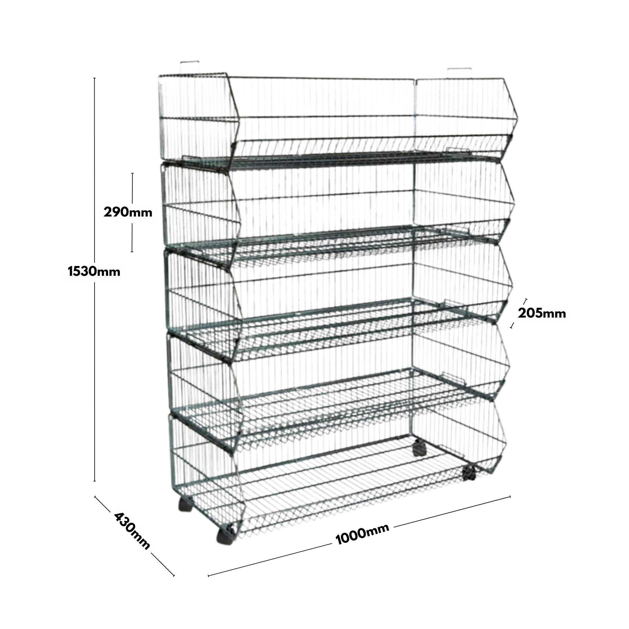 Versatile 5-tier black steel storage baskets with a collapsible frame, rust-resistant coating, and removable castors, measuring 1000mm wide by 1530mm high.