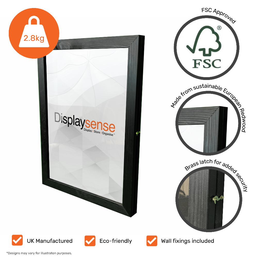 A high-quality black wooden A2 poster case, designed for wall mounting, offering a modern and durable way to showcase promotional materials in retail and corporate spaces.
