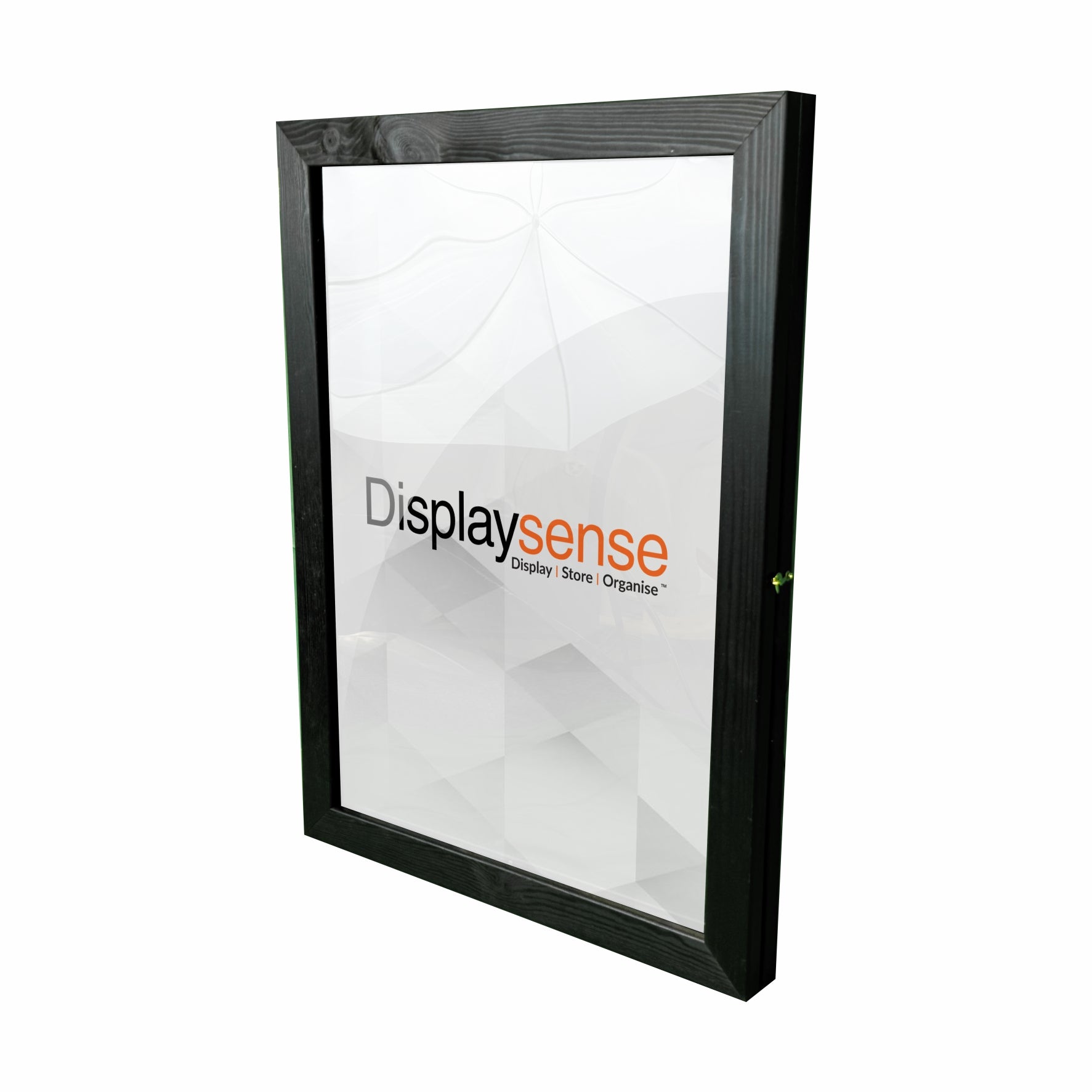 A sleek black A2 wall-mounted wooden poster case, designed to securely display posters while adding a stylish and professional touch to any setting.
