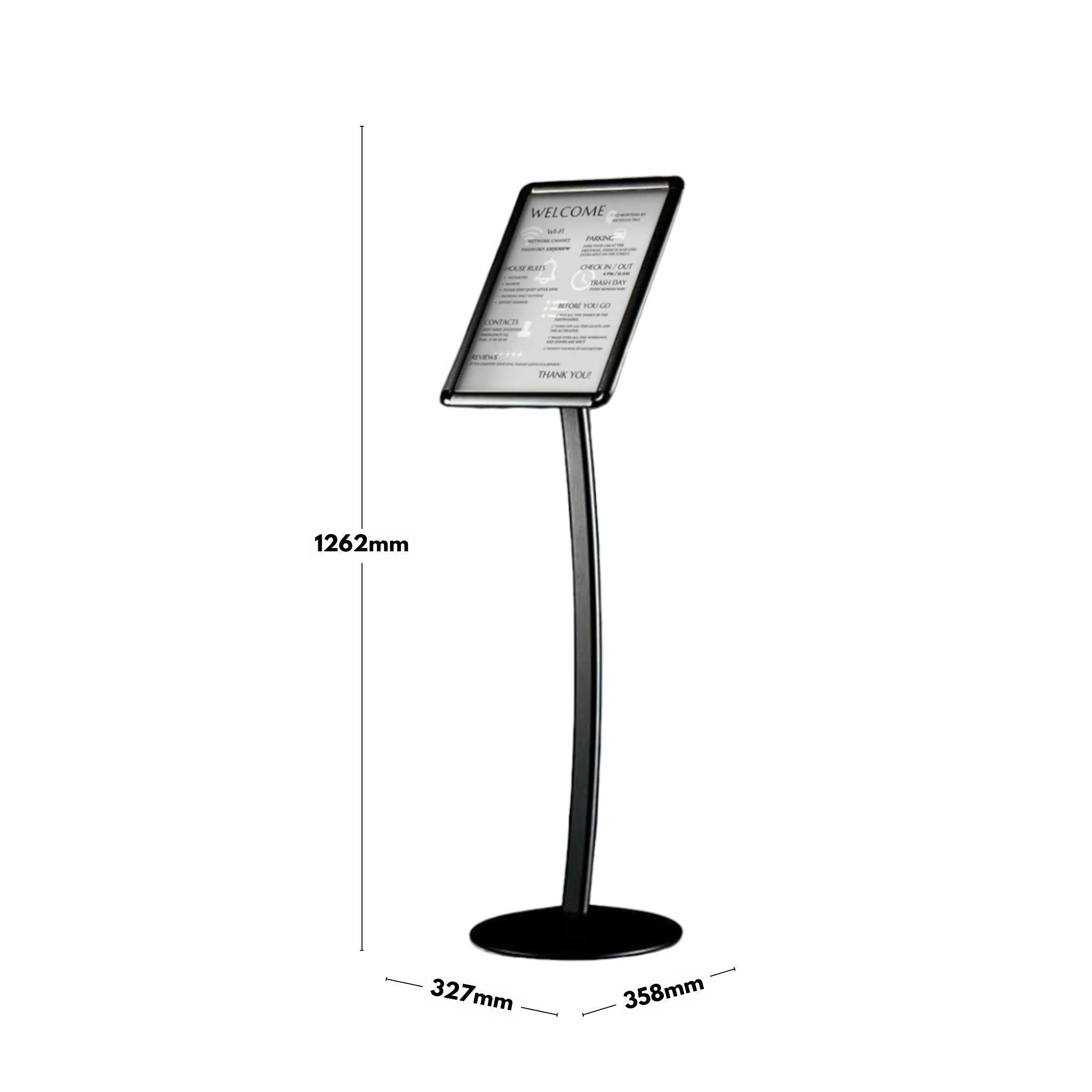 Durable black A3 snap frame display stand with a curved aluminium design, floor-standing with a sturdy base, 372mm x 1262mm.
