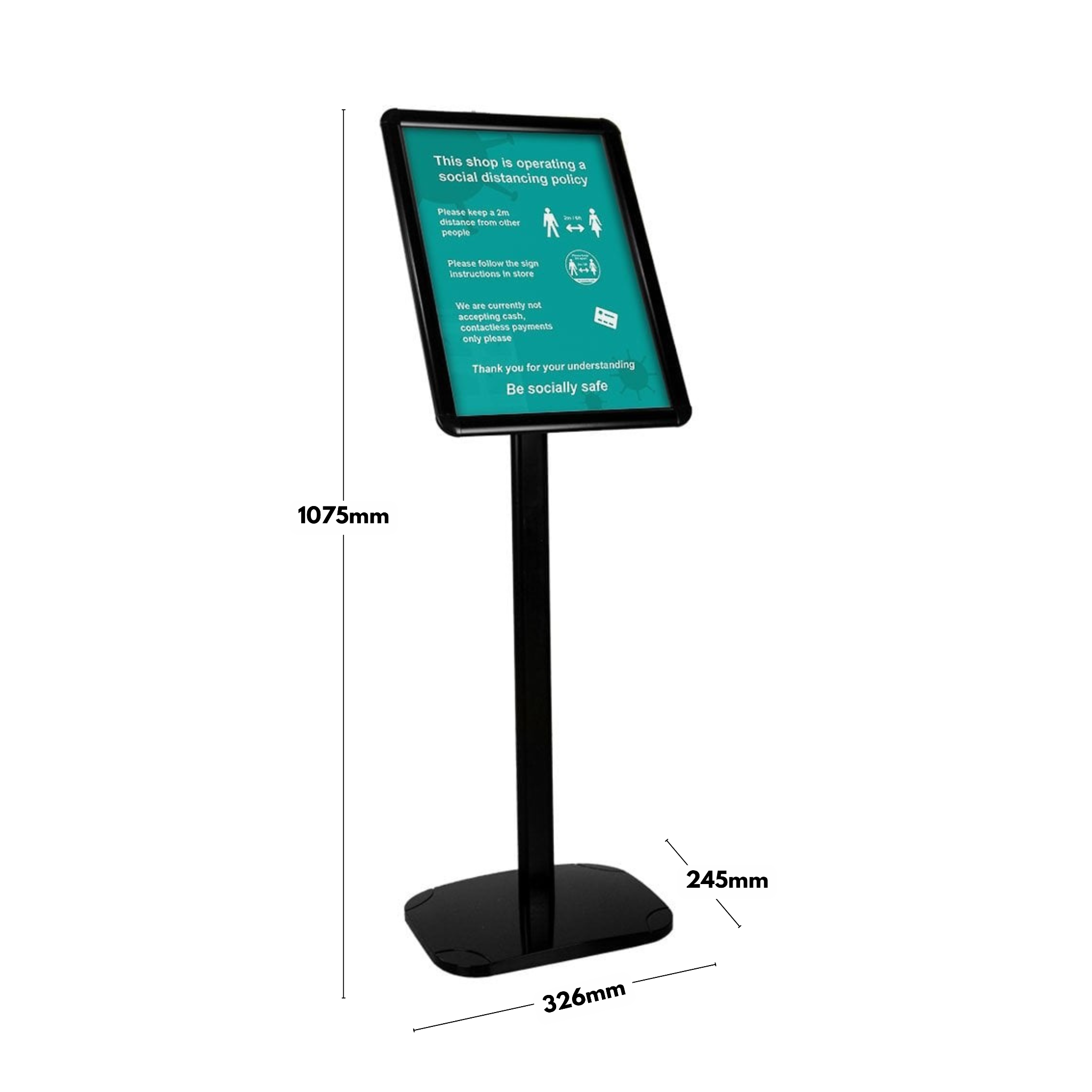 Modern black floor-standing A3 snap frame stand with a 25mm mitred frame, adjustable orientation, and a sturdy base, measuring 1075mm x 326mm.