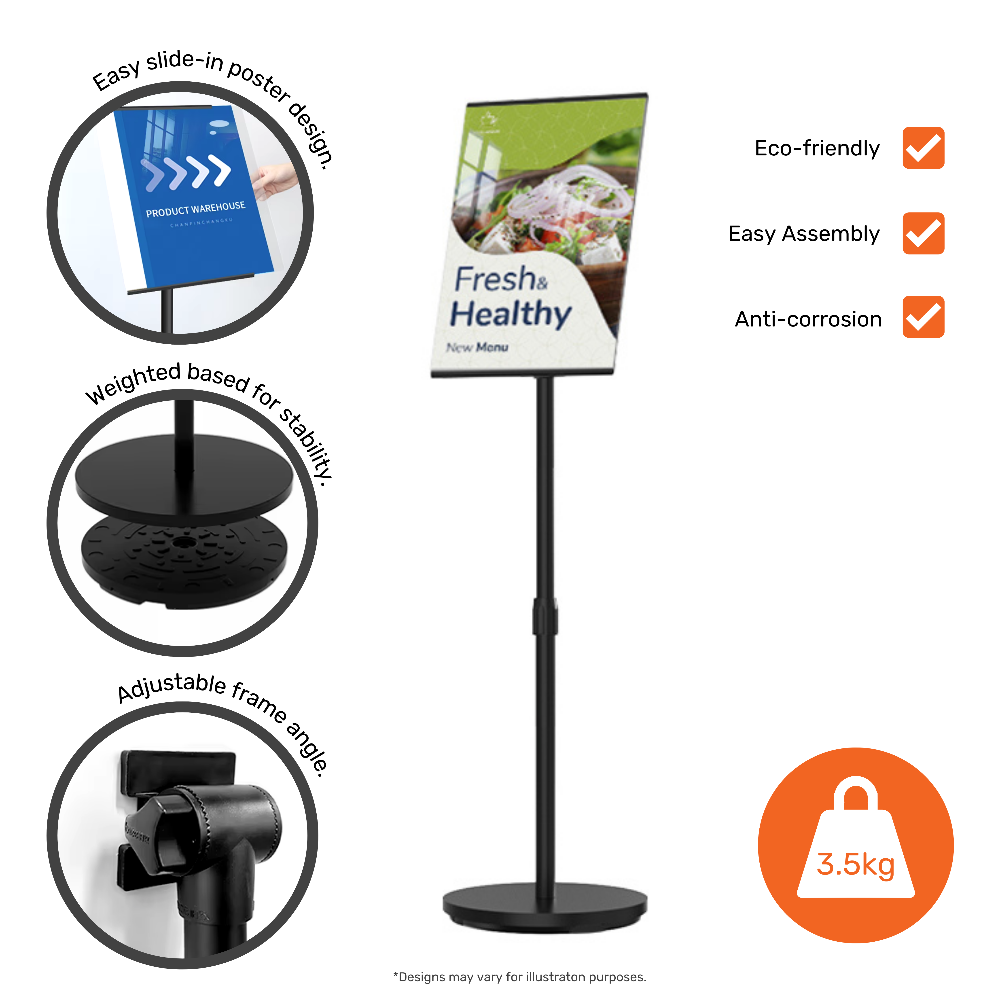 Sleek black A3 display stand with a height-adjustable telescopic pole, ideal for professional and promotional displays.
