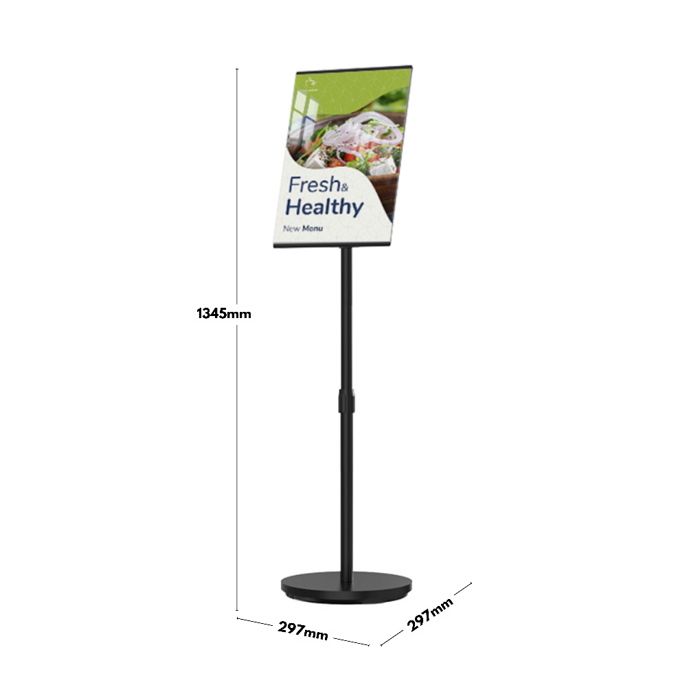 Modern black freestanding A3 poster stand with an adjustable telescopic pole, great for menus, notices, and advertisements.
