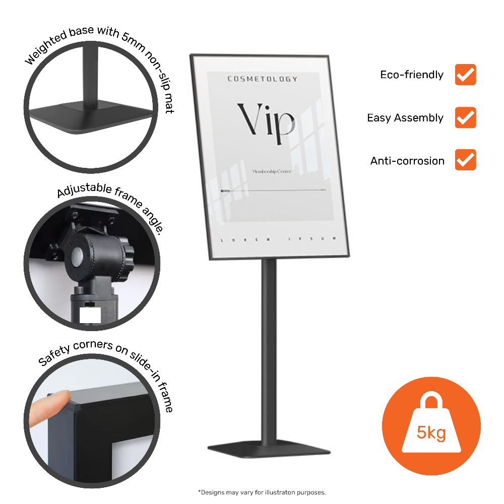 Durable black freestanding sign stand with an adjustable A3 frame, suitable for indoor and outdoor displays.
