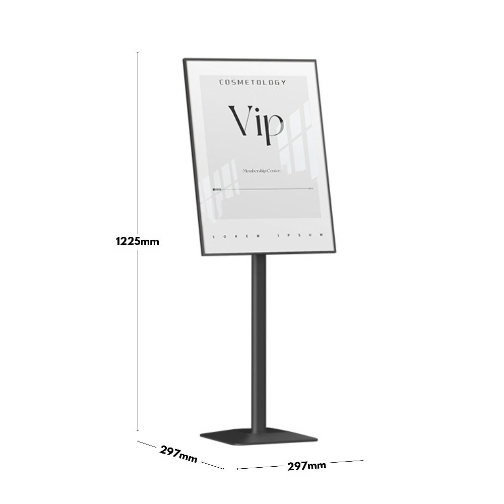 Modern A3 black sign display stand with a freestanding adjustable design, great for businesses and public spaces.
