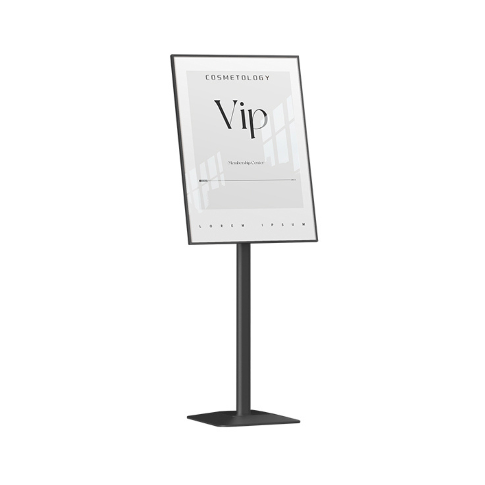 Adjustable A3 sign display stand in black, freestanding design, perfect for retail, events, and exhibitions.
