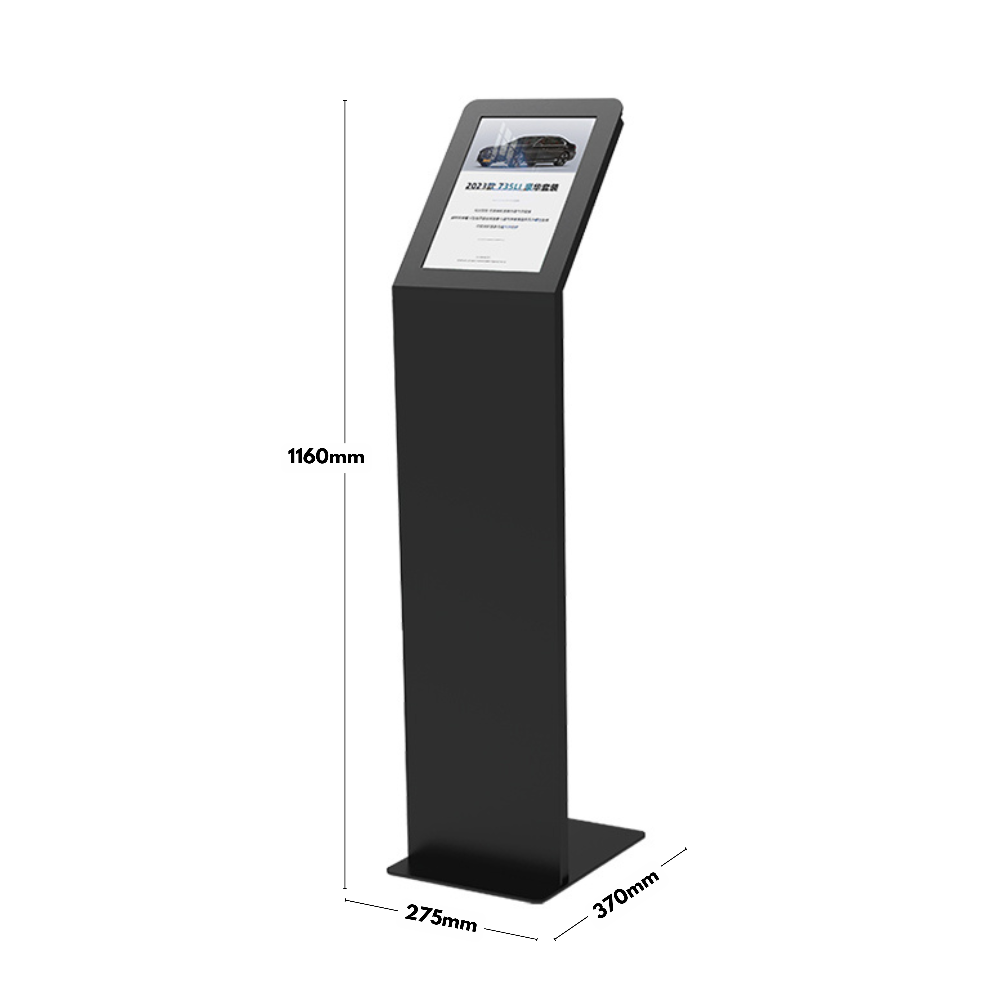 Sturdy black freestanding A4 showroom poster stand, designed for professional presentations and advertisements.
