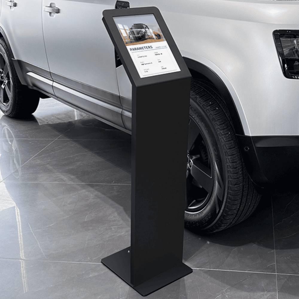 Black A4 freestanding showroom poster display stand, ideal for exhibitions, retail spaces, and promotional signage.
