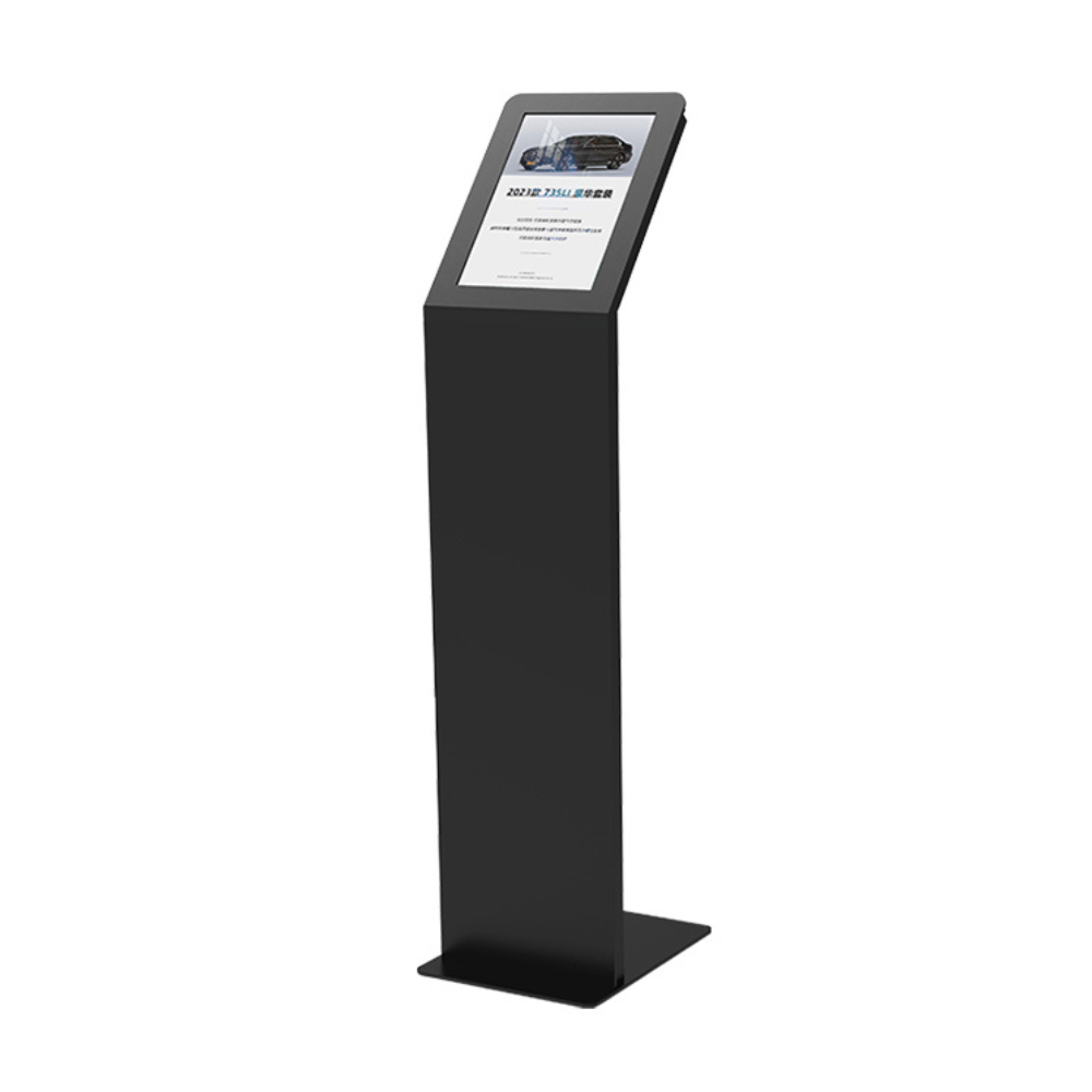 Sleek black A4 display stand with a freestanding design, perfect for showcasing posters in showrooms and events.
