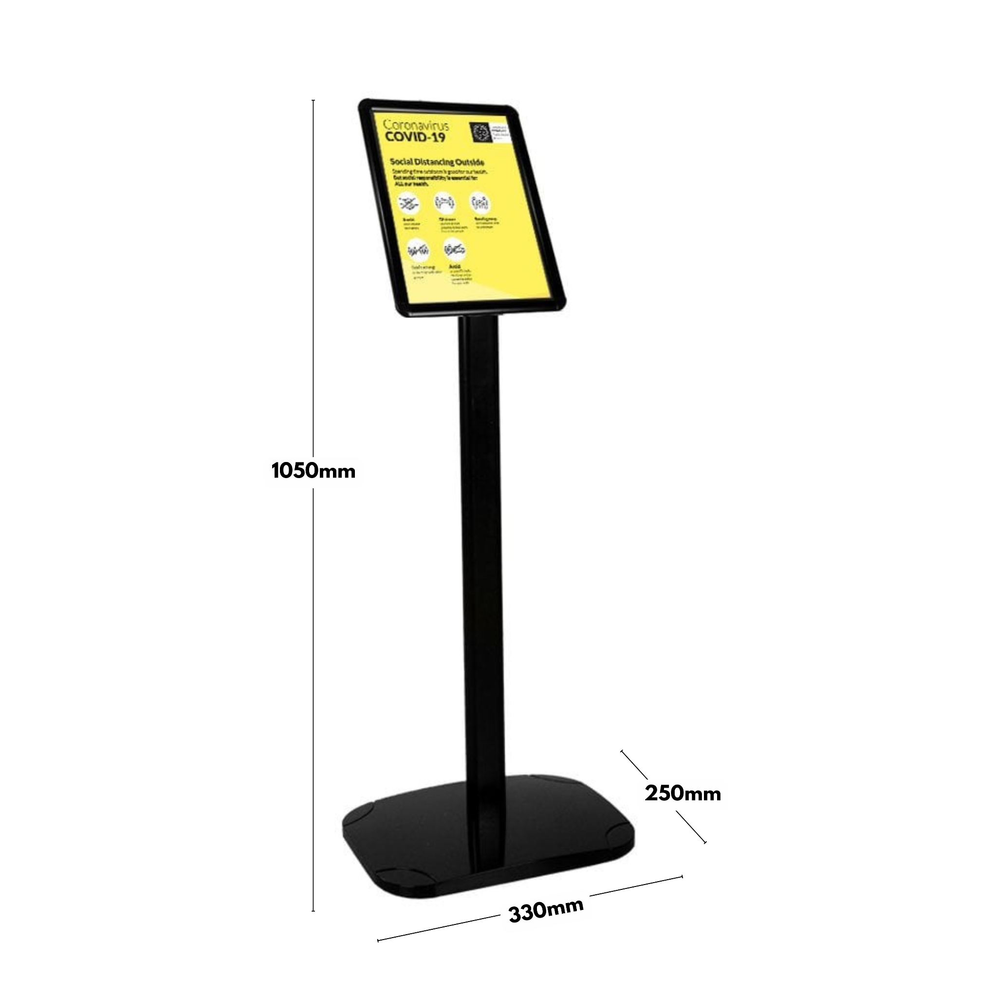 Versatile black A4 snap frame poster stand with a mitred 25mm frame, adjustable orientation, and a sturdy floor-standing base, 1050mm high by 330mm wide.