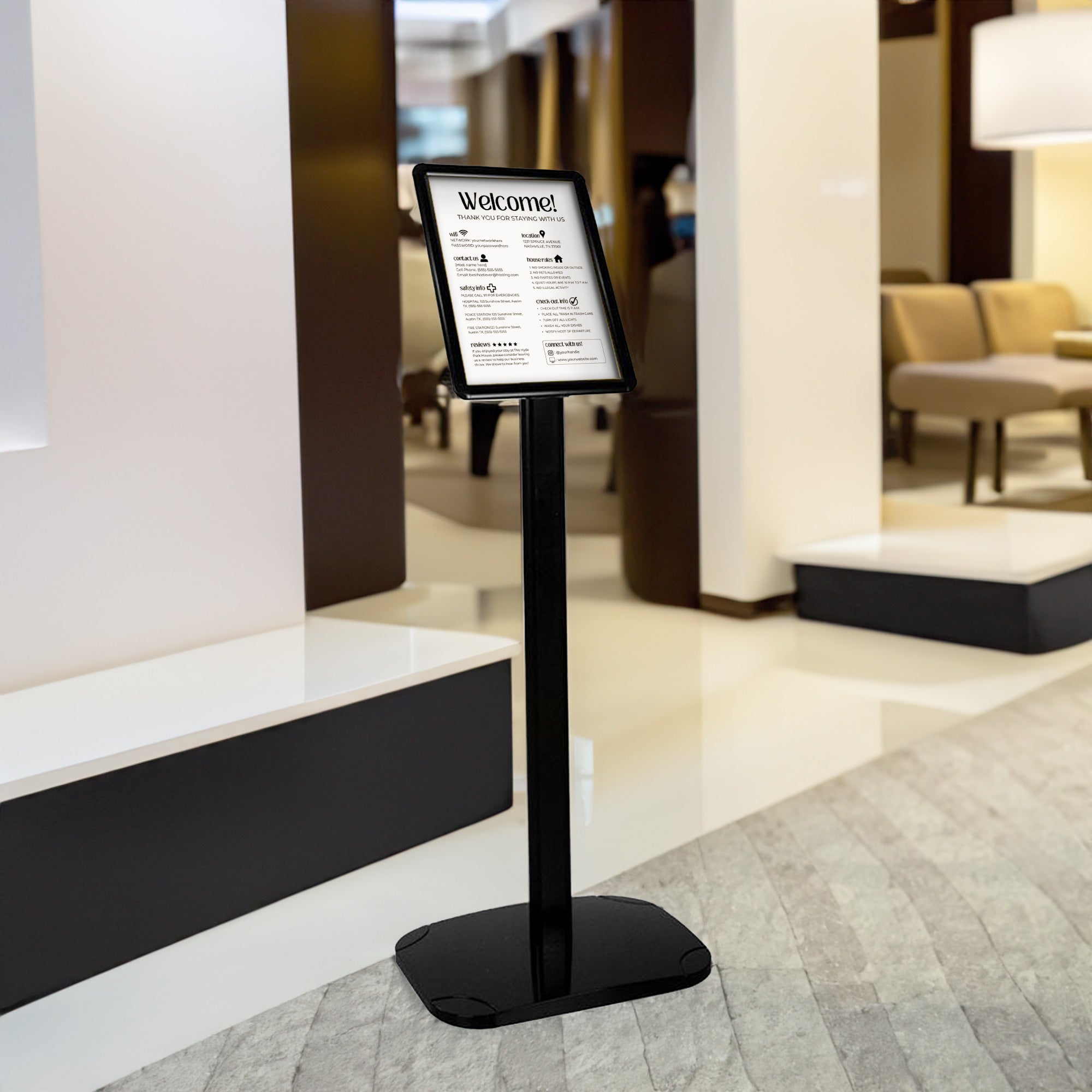 Black A4 snap frame floor-standing poster display stand with a 25mm mitred frame and adjustable orientation, measuring 1050mm high by 330mm wide.