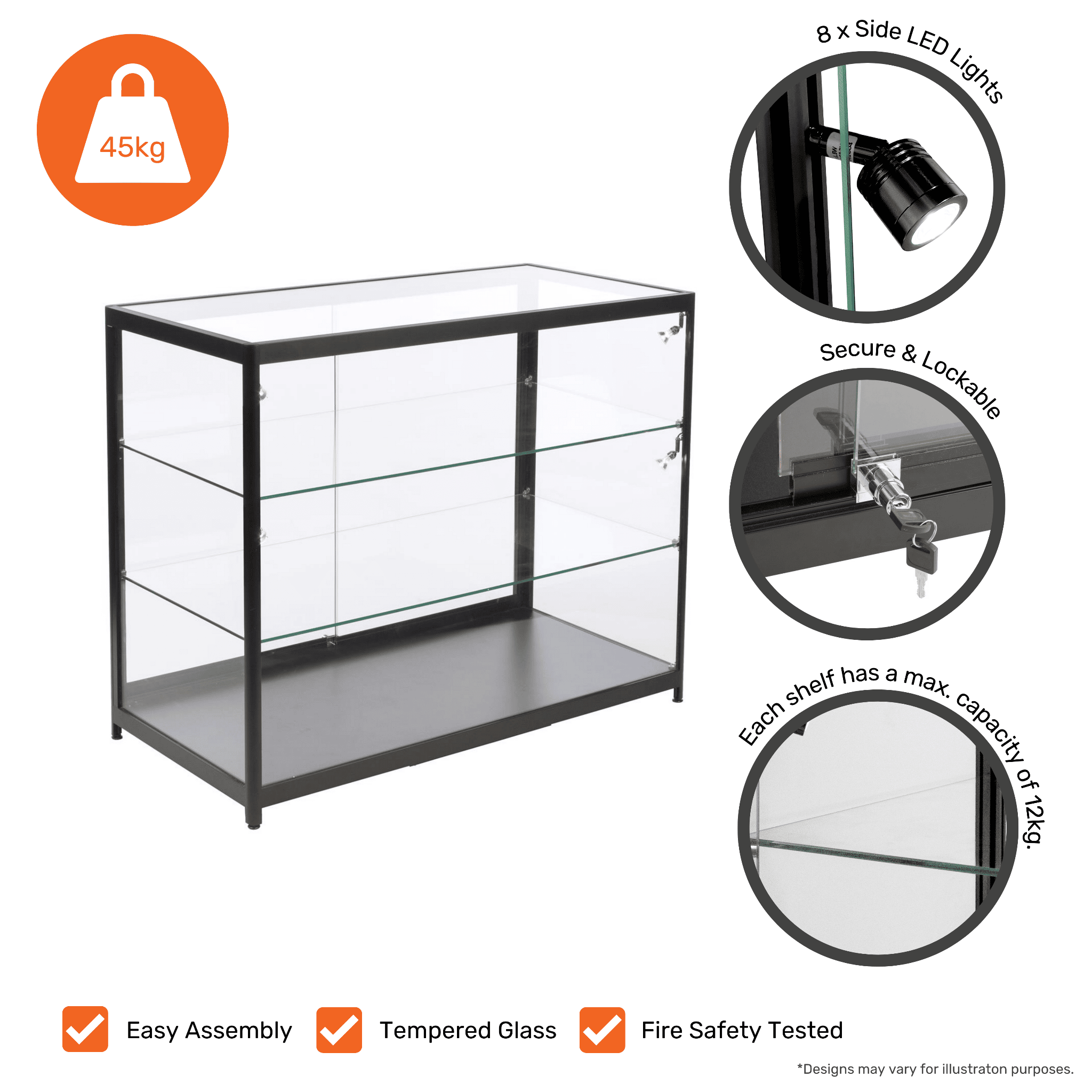 Modern lockable counter display cabinet in black aluminium with glass panels, eight LED spotlights, and sliding doors, dimensions 1000mm x 500mm.
