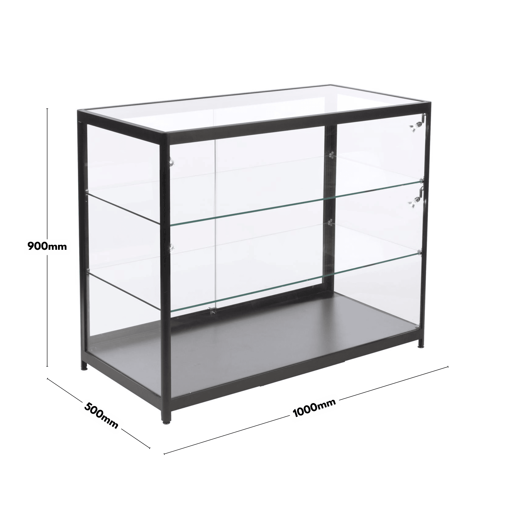 Stylish black aluminium glass display cabinet with secure sliding doors and eight LED spotlights, ideal for counters, 1000mm wide by 500mm deep.
