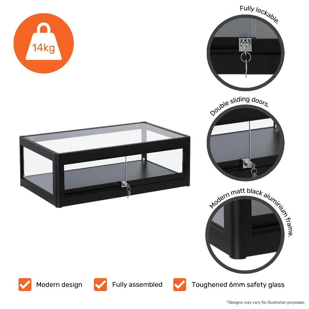 Modern glass countertop showcase with a black aluminium frame and secure lockable sliding doors for added security.
