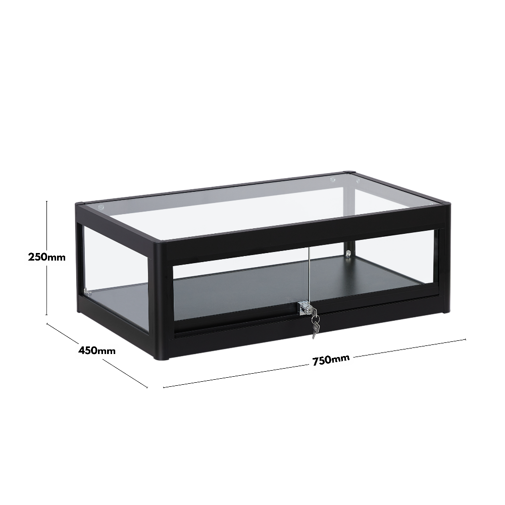 Compact black aluminium and glass display cabinet with lockable sliding doors, designed for retail and exhibition use.
