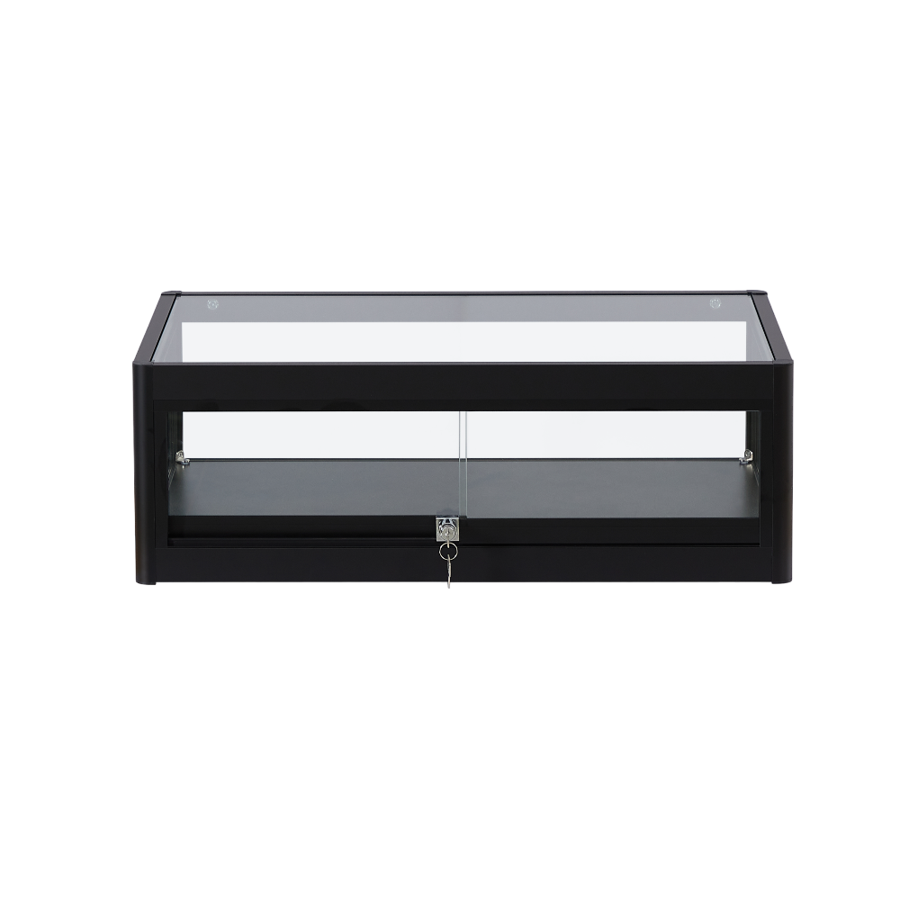 Sleek black aluminium display cabinet with glass panels and lockable sliding doors, ideal for retail countertops.
