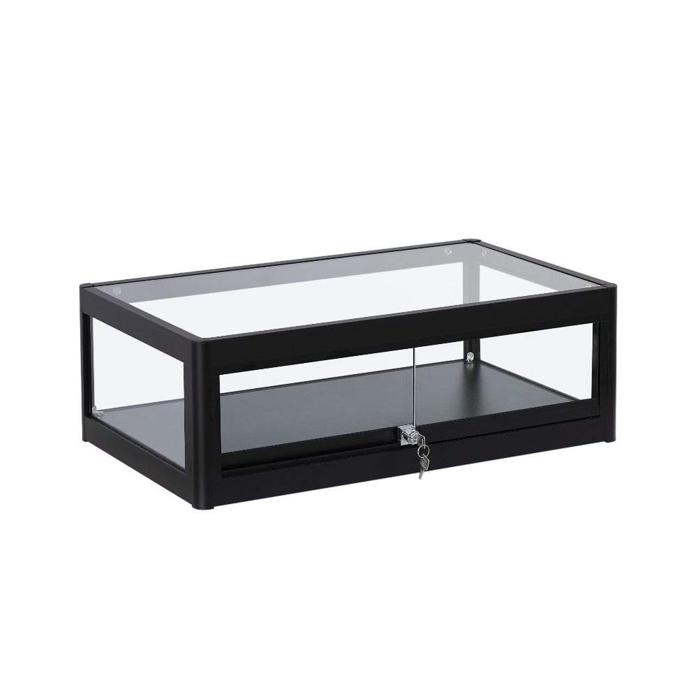 Black aluminium glass countertop display cabinet with lockable sliding doors, perfect for secure product showcasing.
