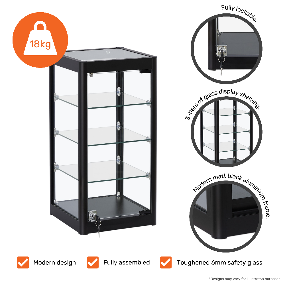 Modern glass countertop display case with a black aluminium frame and three sturdy shelves for product presentation.
