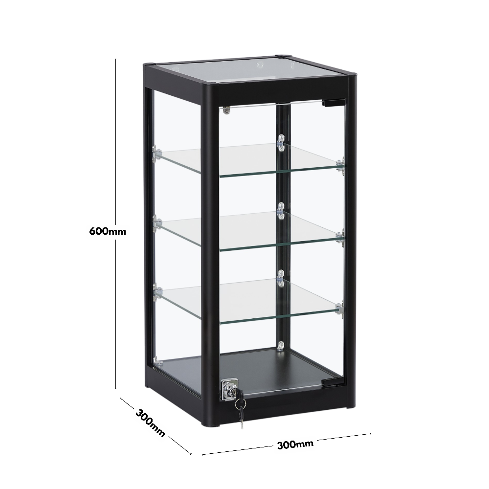 Compact black aluminium and glass display cabinet with three shelves, designed for secure and stylish showcasing.
