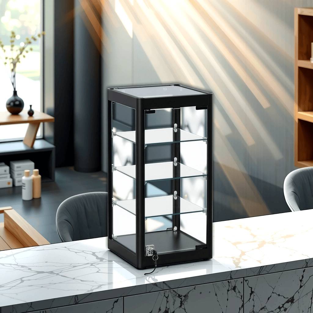 Black Aluminium Glass Countertop Display Cabinet with 3 Shelves