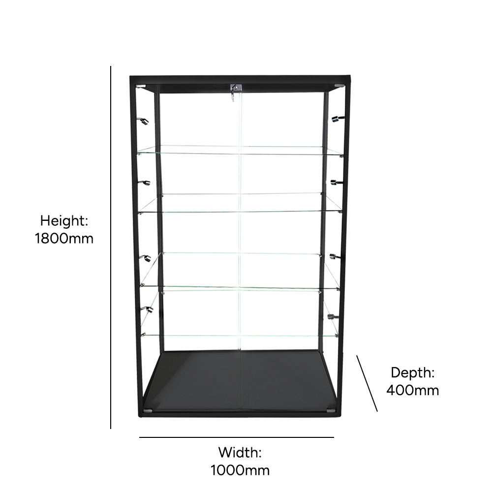 Lockable black aluminium and glass cabinet, 1800mm x 1000mm, featuring adjustable shelving and LED lights, perfect for retail or exhibitions.