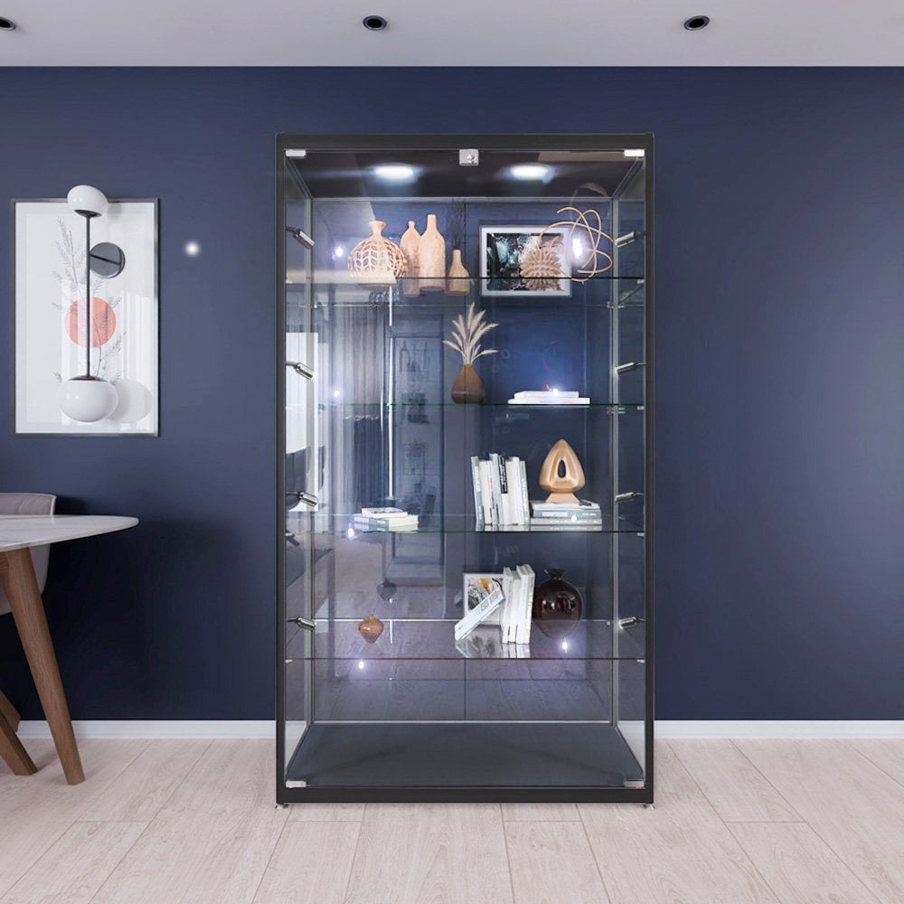 Black aluminium and glass lockable display cabinet, 1800mm high x 1000mm wide, with 4 adjustable shelves and 10 LED lights.