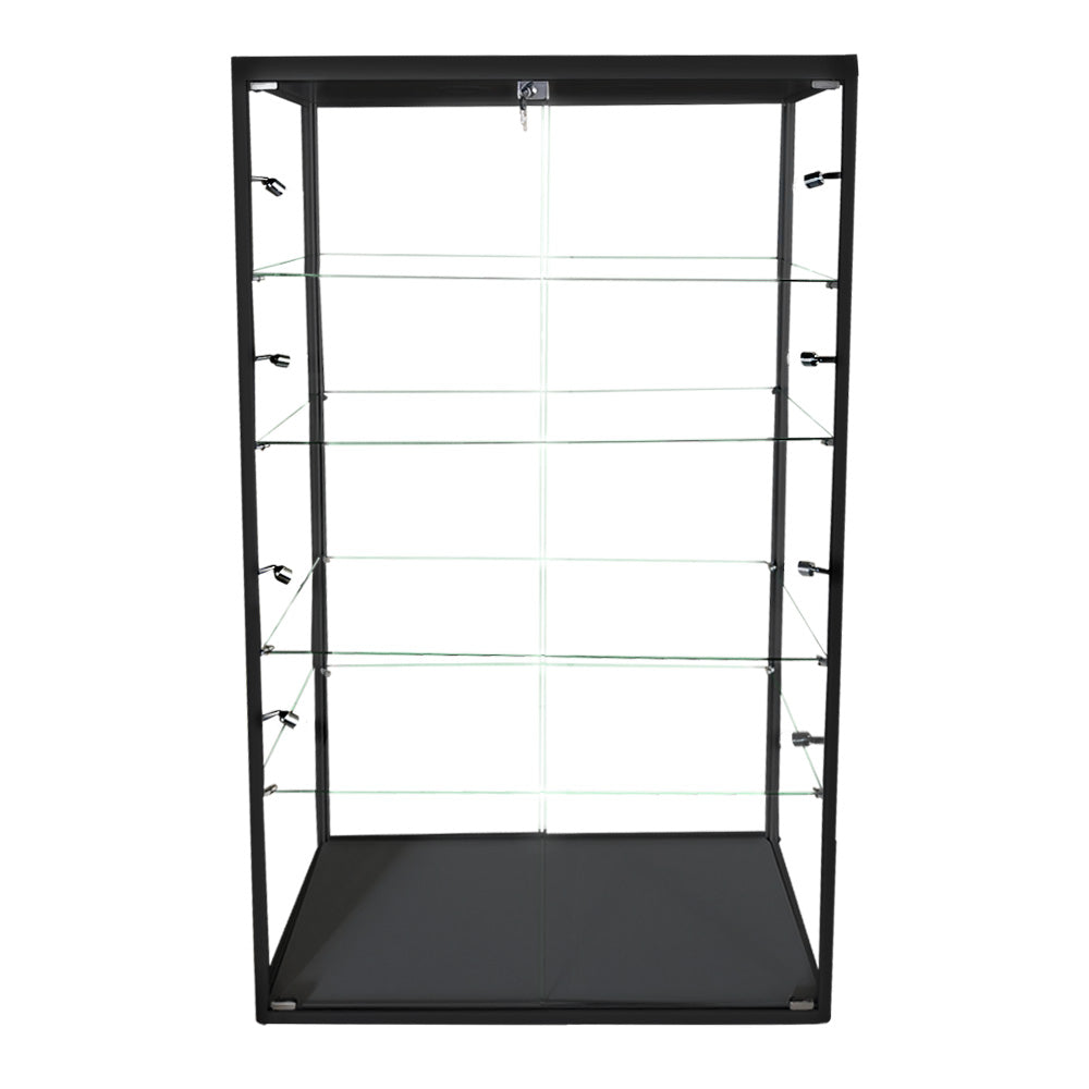 Secure black aluminium display cabinet with glass panels, 4 adjustable shelves, and 10 LED lights, measuring 1800mm high x 1000mm wide.