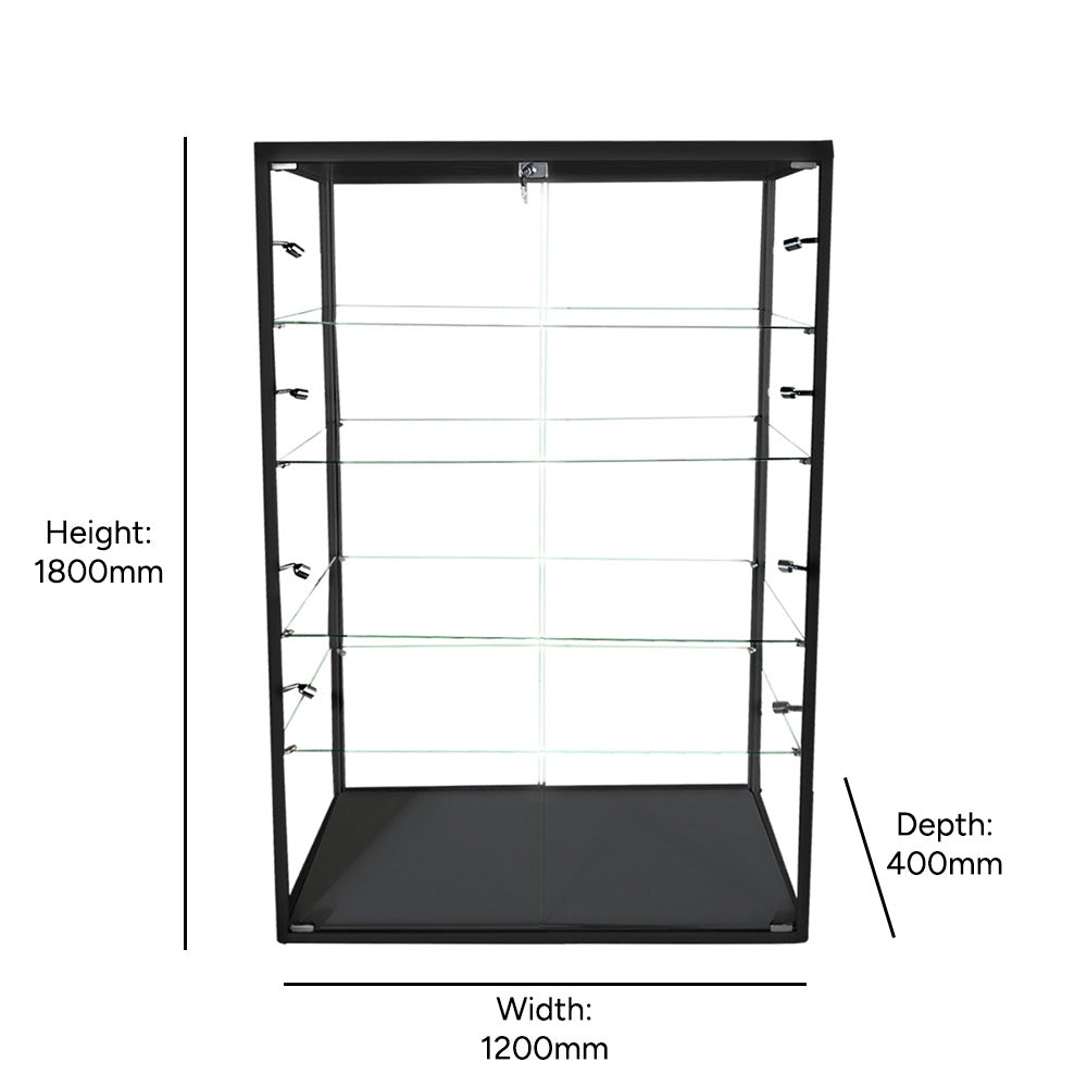 Modern black aluminium and glass display cabinet with secure locking, customisable shelving, and integrated LED lights for professional showcasing.