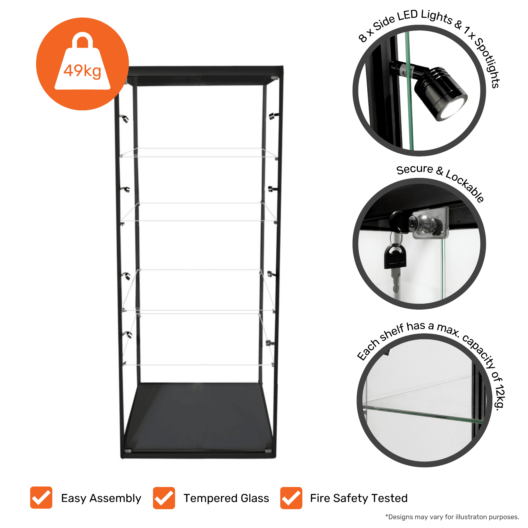 Secure and stylish black aluminium glass display cabinet with a lock, four adjustable shelves, and ten LED lights, dimensions 1800mm x 600mm.
