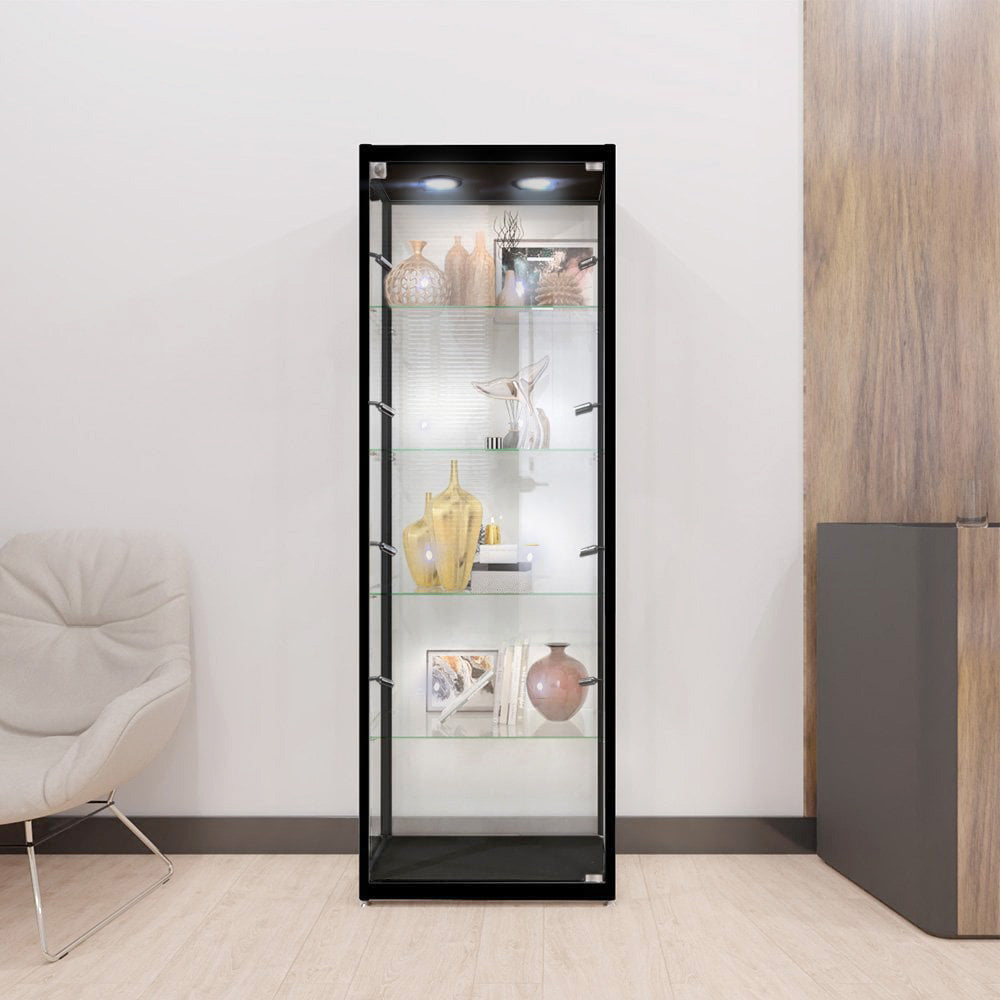 Sleek black aluminium glass display cabinet with lockable doors, four adjustable shelves, and ten LED lights, measuring 1800mm high by 600mm wide.
