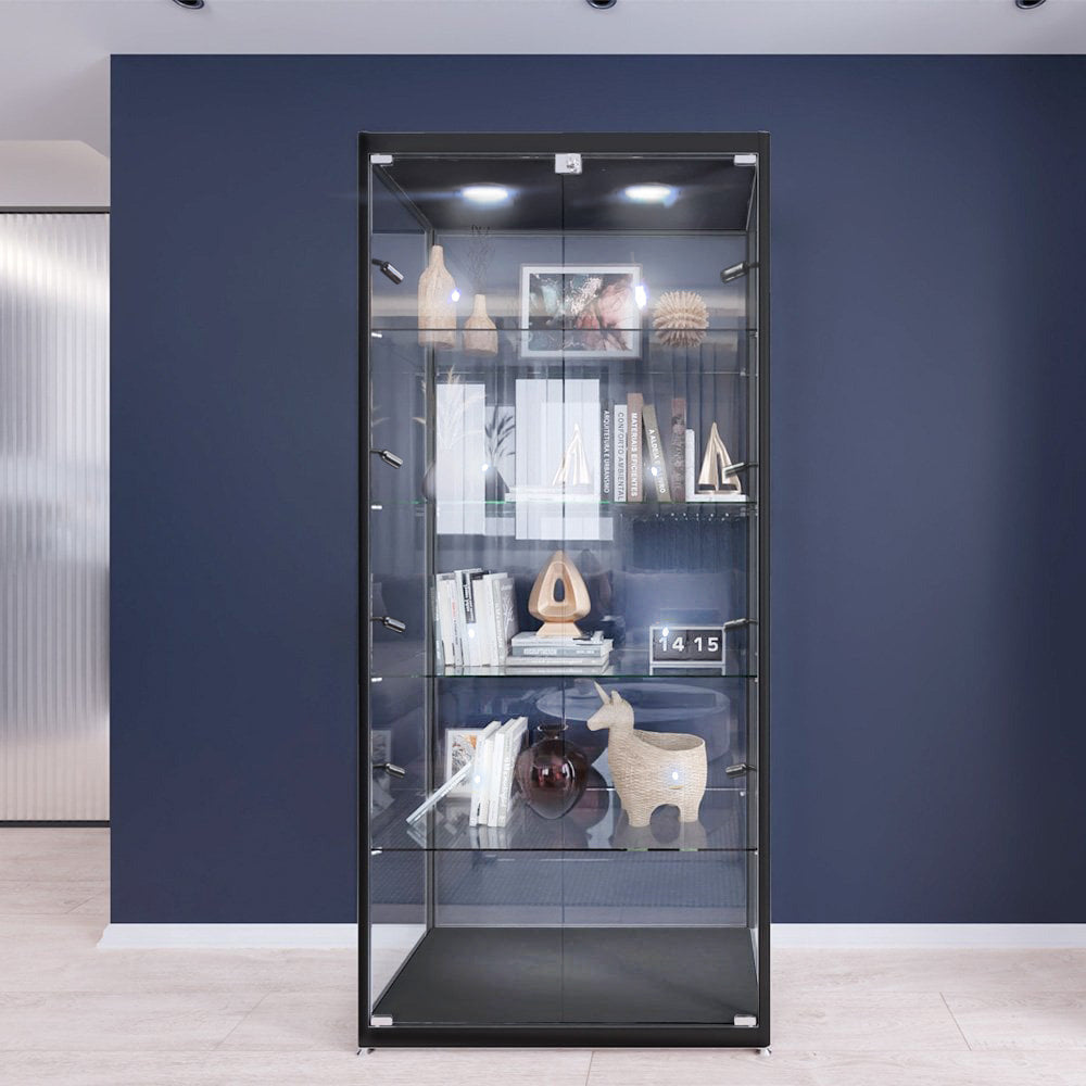 Sleek black aluminium glass display cabinet with lockable doors, four adjustable shelves, and ten LED lights, measuring 1800mm high by 800mm wide.