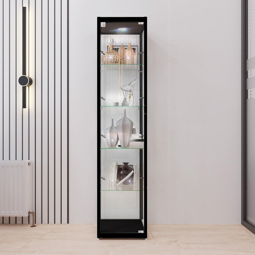 Sleek black aluminium lockable glass display cabinet with four adjustable shelves and nine LED lights, measuring 1800mm high by 400mm wide.