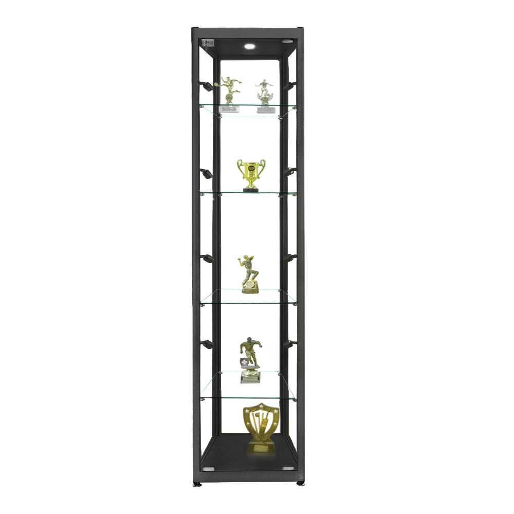 Modern black aluminium display cabinet with glass doors, lockable design, four adjustable shelves, and nine LED lights, 1800mm H x 400mm W.