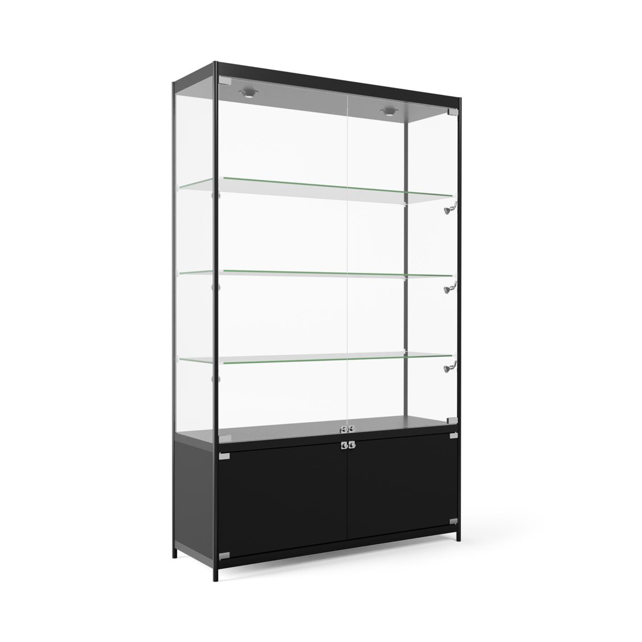 Modern black aluminium glass storage cabinet, lockable with three adjustable shelves and ten LED lights, dimensions 1800mm x 1000mm.
