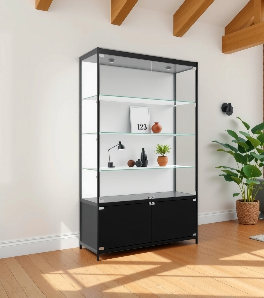 Black Aluminium Lockable Glass Display Cabinet with 3 Adjustable Shelves & 10 LED Lights – Modern and secure display unit featuring a durable black aluminium frame, clear glass panels, and built-in LED lighting. Ideal for retail, exhibitions, and showroom displays. Dimensions: H1800mm x W1200mm x D400mm.