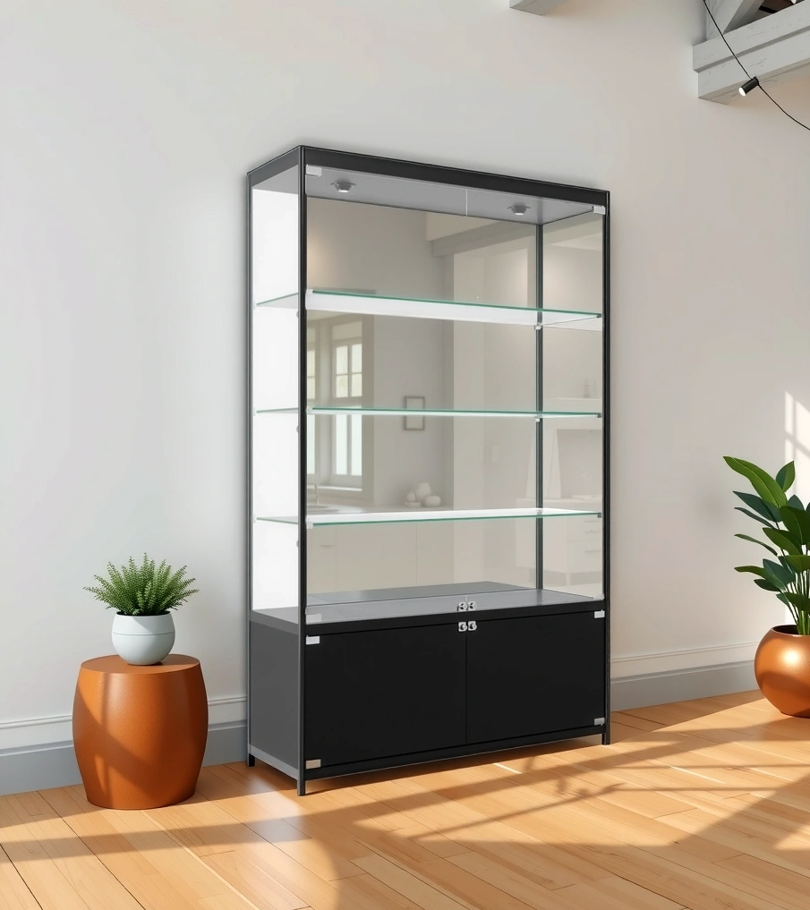 Sleek black aluminium glass display cabinet with a lock, three adjustable shelves, and ten LED lights, measuring 1800mm high by 800mm wide.