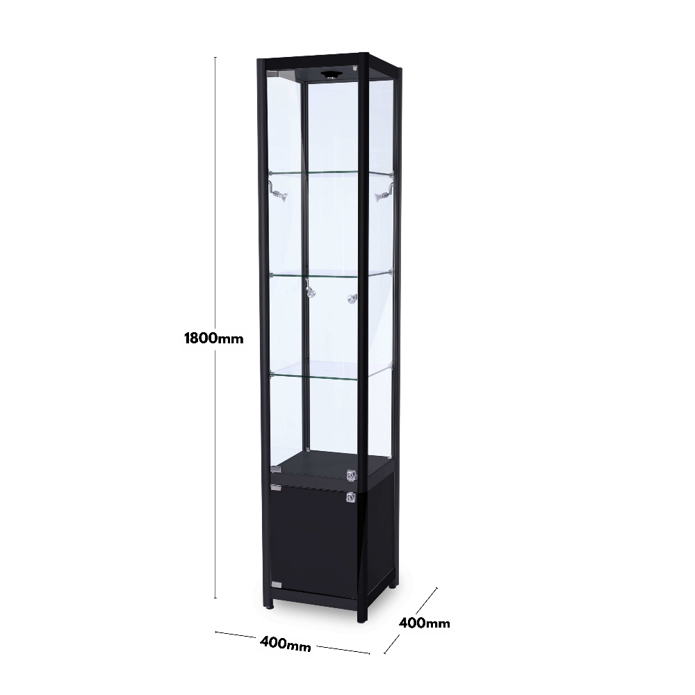 Modern black glass storage cabinet with a secure lock, three adjustable shelves, and nine LED spotlights, measuring 1800mm x 400mm.
