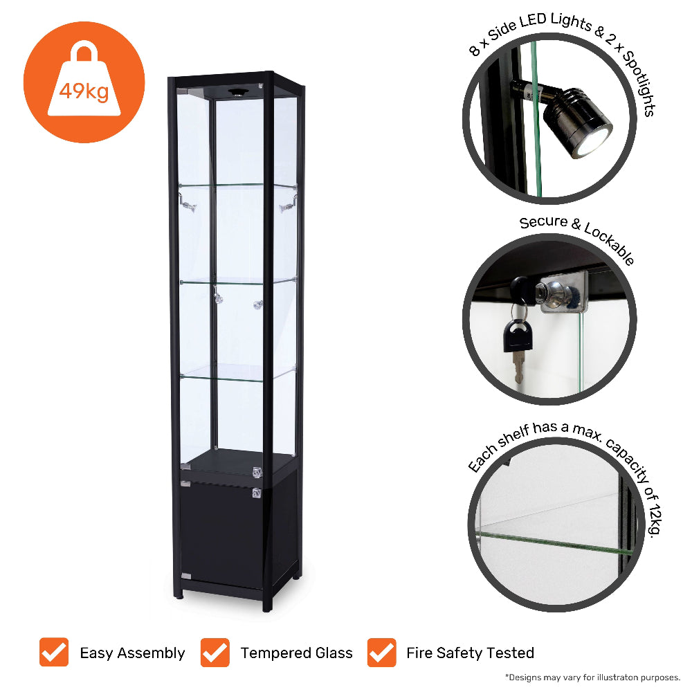 This modern black aluminium display cabinet offers secure lockable glass storage with three adjustable shelves and nine bright LED lights, perfect for retail, exhibitions, and showrooms.
