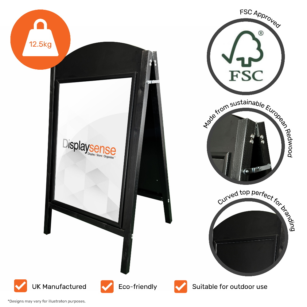 A high-quality black wooden A1 A-board sign with a curved top, featuring a chalkboard for handwritten messages and a snap frame for printed posters.
