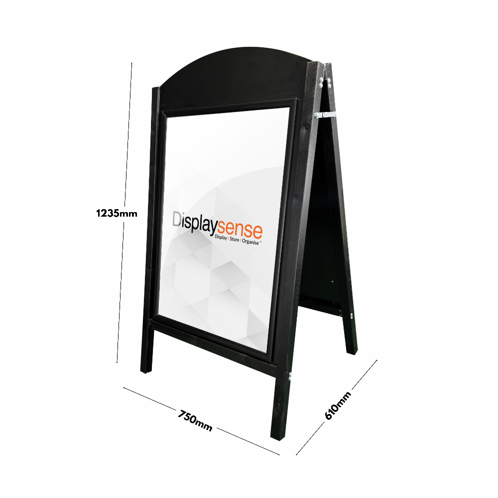 This durable black curved wooden A1 pavement sign includes a chalkboard surface for custom writing and a secure snap frame for quick and easy poster changes.
