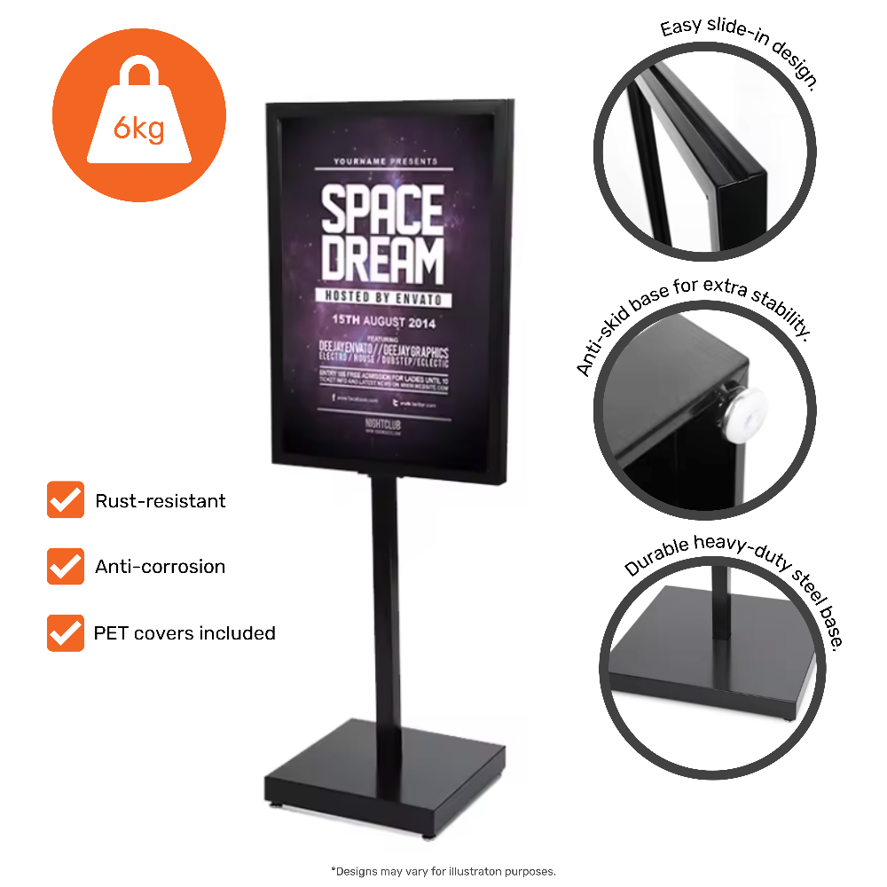 Durable double-sided A1 information board with a black frame and robust steel base, designed for professional displays.
