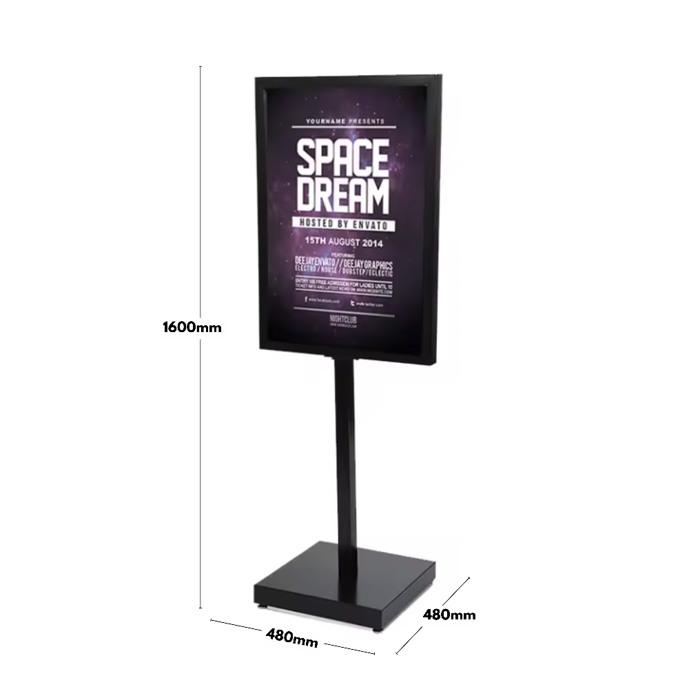 Freestanding black A1 poster stand with a heavy-duty steel base and double-sided display, ideal for events, retail, and offices.
