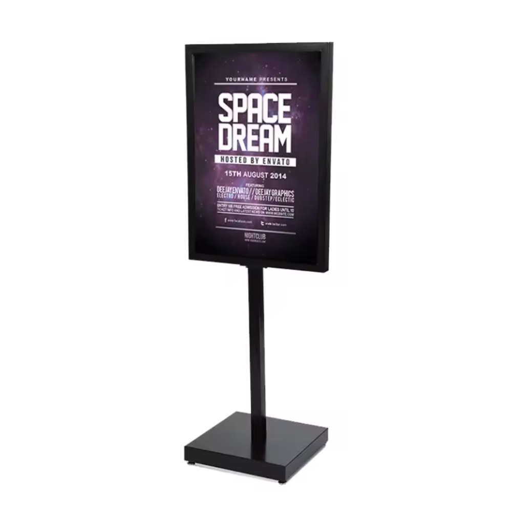 Sturdy A1 black poster display stand with a double-sided info board and heavy-duty steel base, perfect for promotions and notices.
