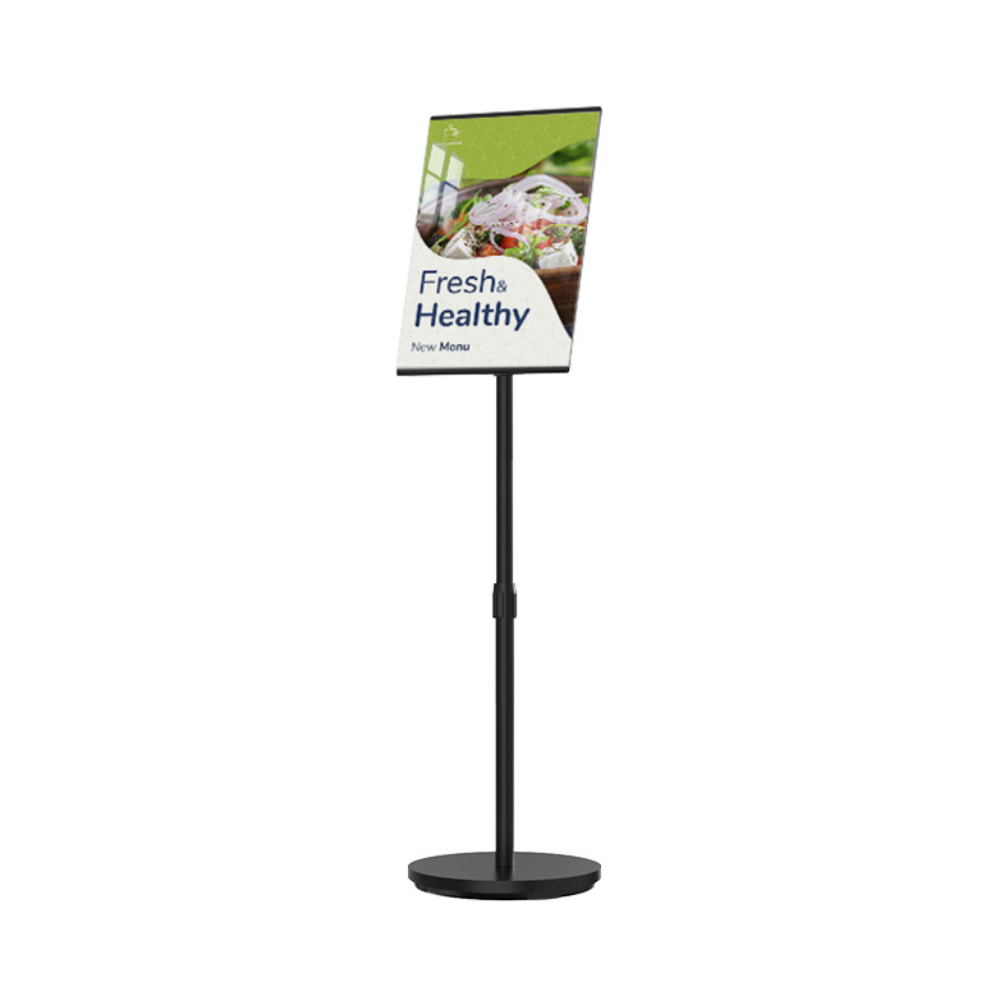 Black freestanding adjustable display stand with a telescopic pole, perfect for exhibitions, retail, and signage.
