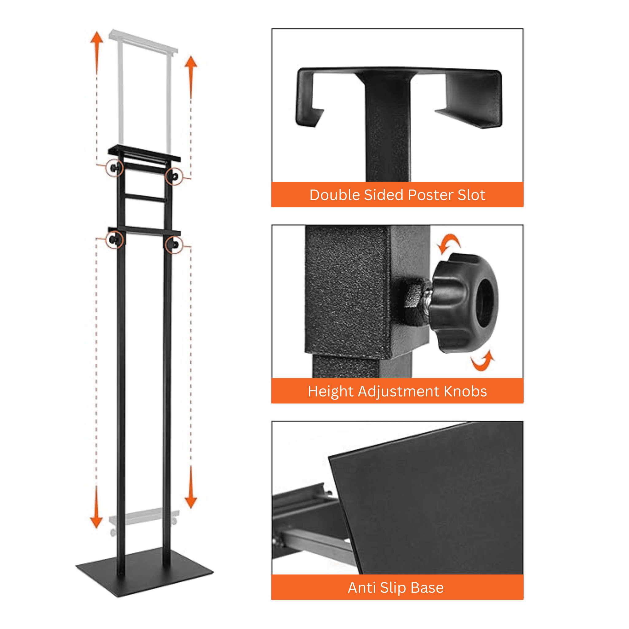 Sturdy heavy-duty stand in black, featuring a double-sided adjustable design for poster and info board displays.
