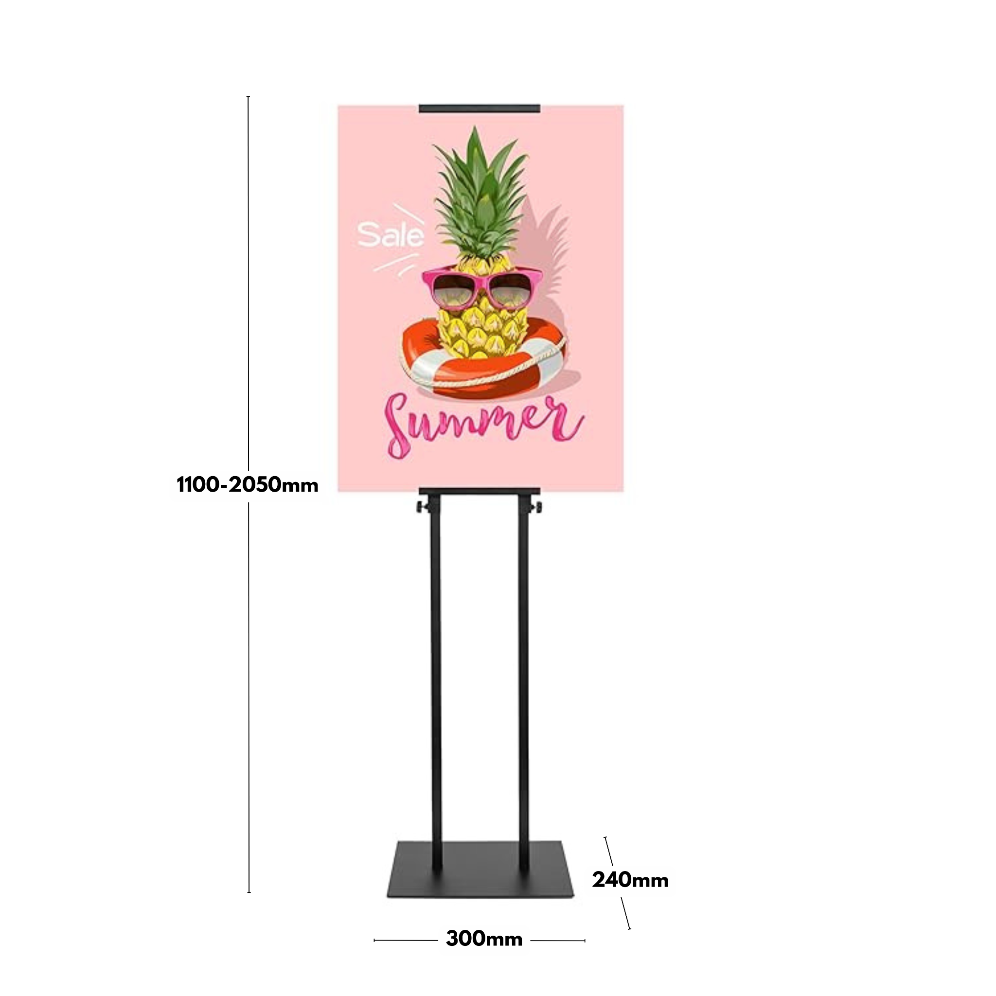 Versatile black adjustable stand with a robust double-sided design for holding posters and information boards securely.
